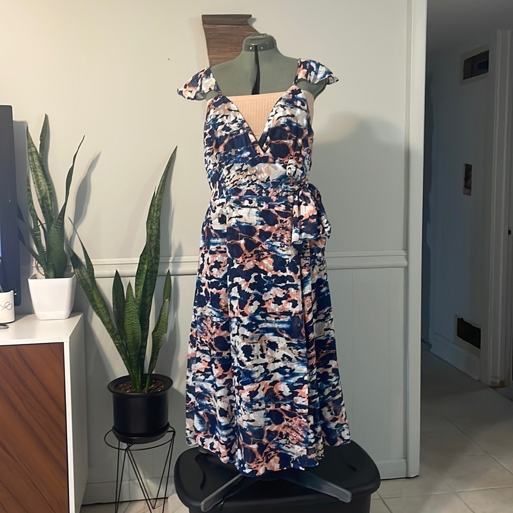 Hutch Blue and Pink Abstract Midi Dress
